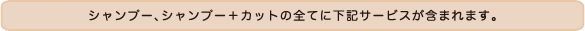シャンプー、シャンプー+カットの全てに下記サービスが含まれます。